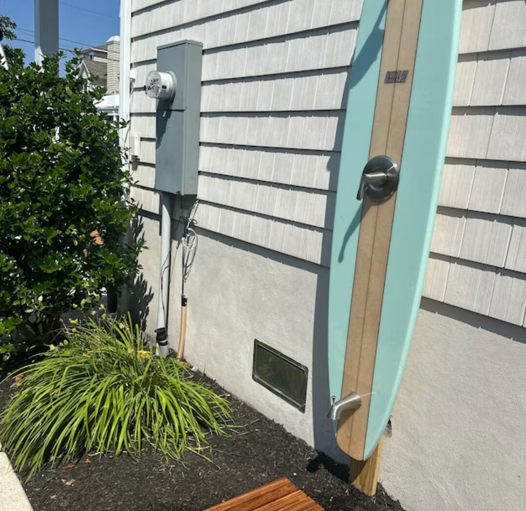 Cape May NJ surfboard outdoor shower cedar wood