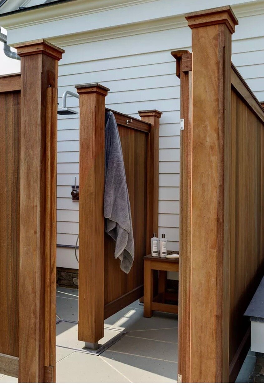 Jersey Shore IPE wood outdoor shower rain head and bench
