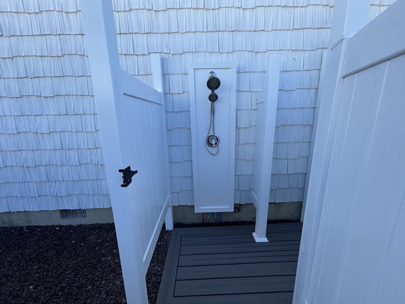 Wildwood NJ outdoor shower Trex floor chrome fixtures